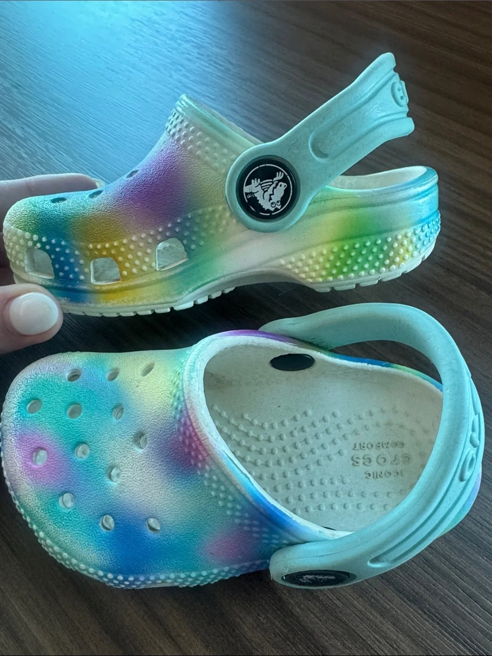 CROCS Kids Tie-Dye Foam Clogs in Blue, Purple, Yellow, Green